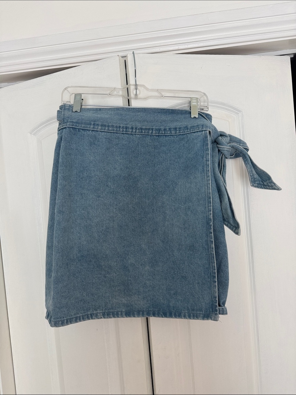 Never Fully Dressed Light Blue Denim Wrap Mini Skirt